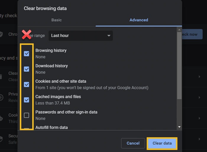 Google Chrome Clear Browsing Data Advanced Tab
