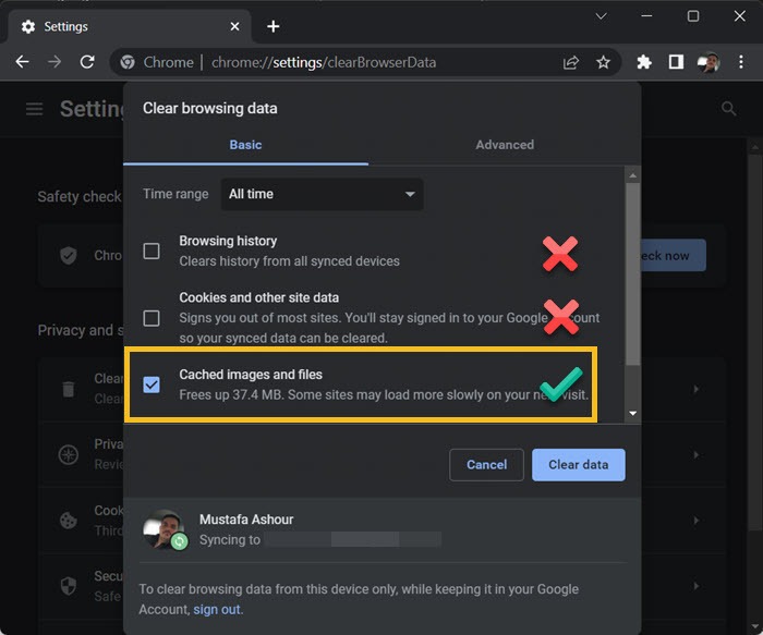 Google Chrome Clear Only Cached Files