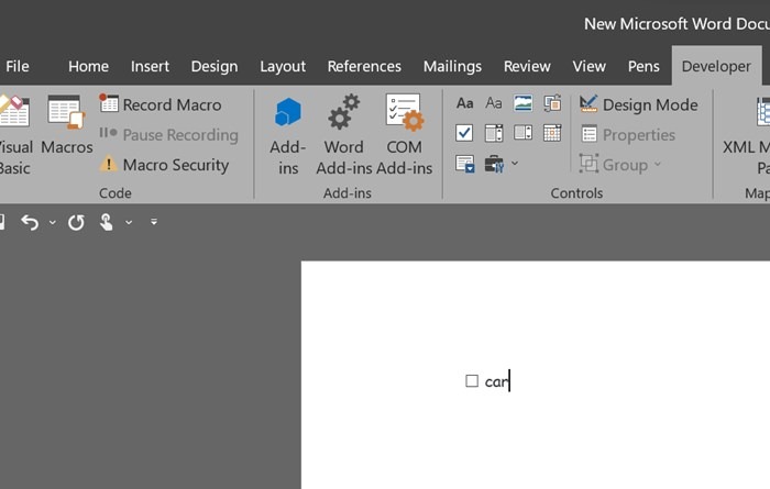Microsoft Word Clickable Checkbox Added