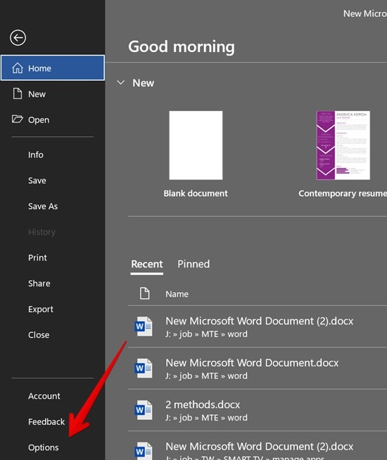 Microsoft Word File Options