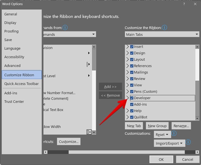 Microsoft Word Ribbon Customize Add Developer