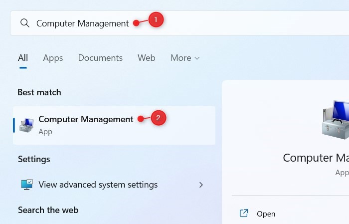 Open The Computer Management Tool Using The Windows Search