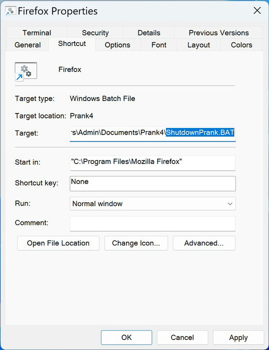 Prank Windows User 4 Firefox Properties Shortcut Paste Shutdown Bat Apply