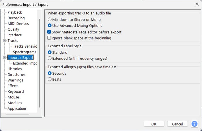 Secret Messages 2 Audacity Preferences Advanced Mixing