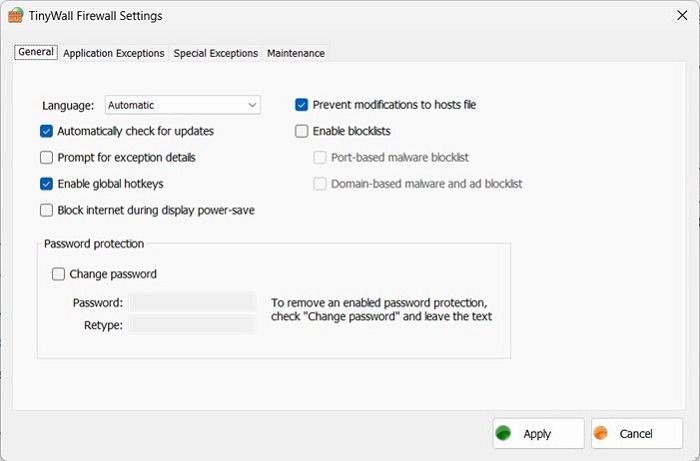 Tiny Wall Firewall Settings General