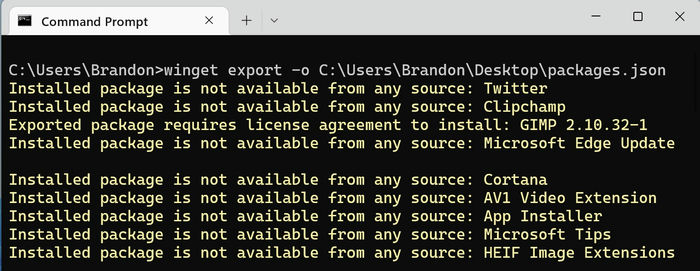 Windows Package Manager Terminal Winget Export Packages