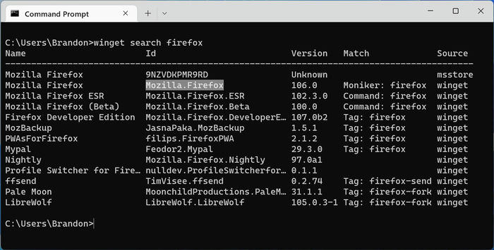 Windows Package Manager Terminal Winget Select Mozilla Firefox