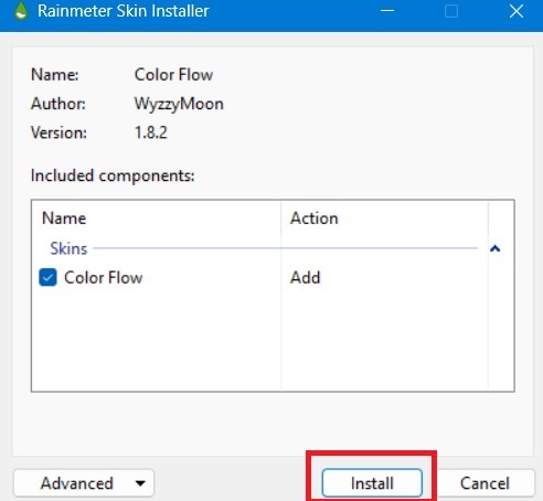 Click "Install" to install a Rainmeter skin downloaded from the Internet. 