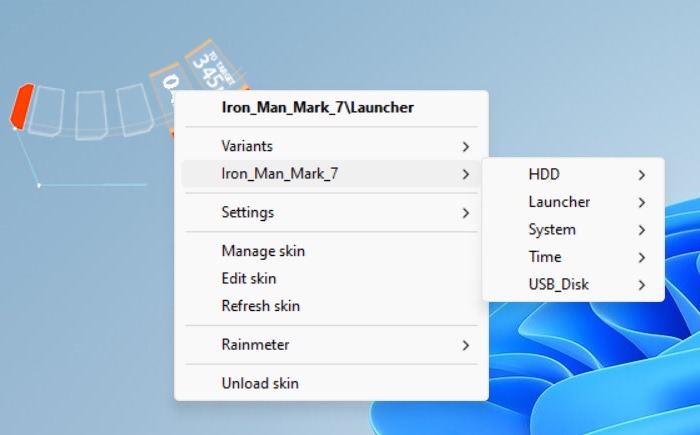 Viewing additional options for a set of Rainmeter skins. 