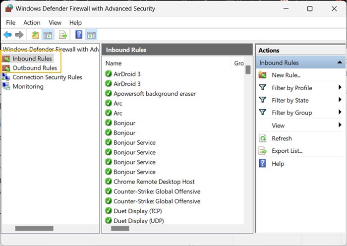 Windows Defender Choose Inbound Outbound