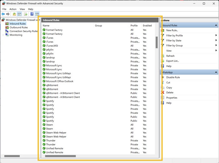 Windows Defender Firewall Inbound Rules List