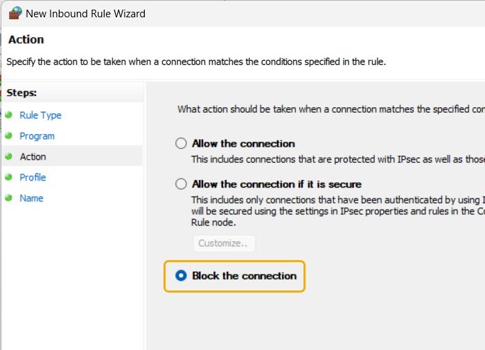 Windows New Inbound Rule Wizard Choose Action 2 1