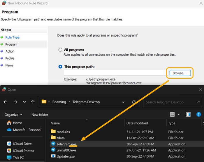 Windows New Inbound Rule Wizard Choose Program