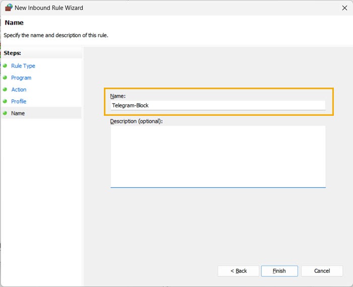 Windows New Inbound Rule Wizard Name