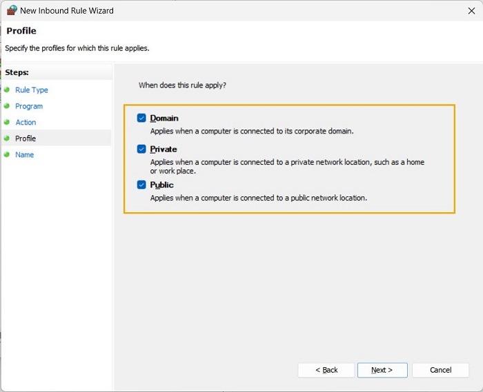Windows New Inbound Rule Wizard Select Profile