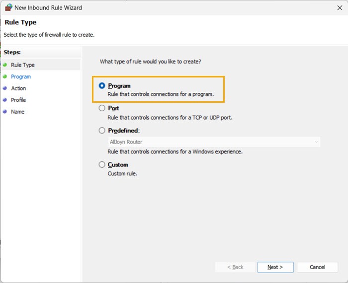 Windows New Inbound Rule Wizard