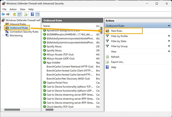 Windows New Outbound Rule Wizard