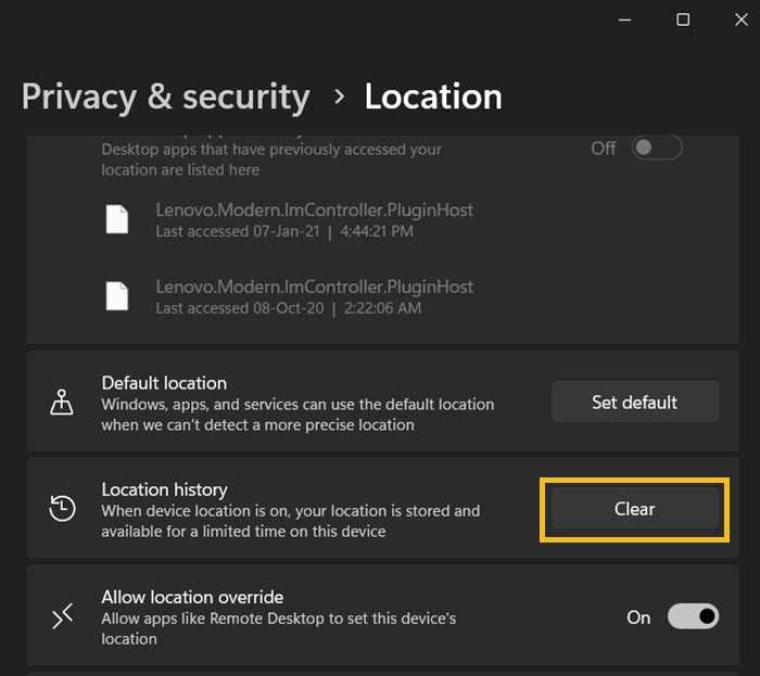 Windows Settings Clear Location