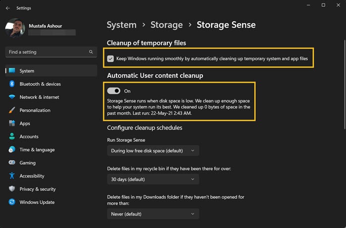 Windows Settings Storage Sense Settings