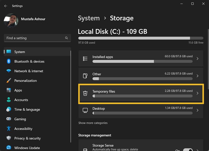 Windows Settings Storage Temporary Files