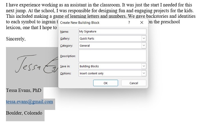 Add Signature Word Pc Name Selection