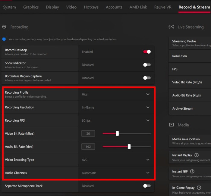 Amd Radeon Software Record And Stream Record Settings