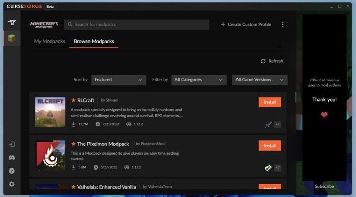 Curse Forge Mod Packs