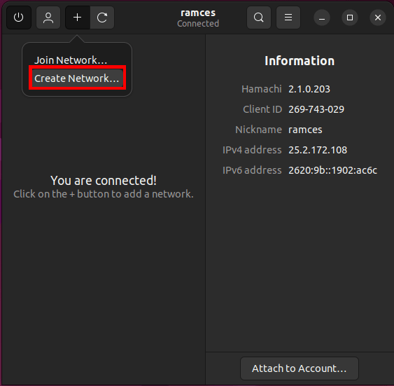 Hamachi Ubuntu Install 16 Create Network Button