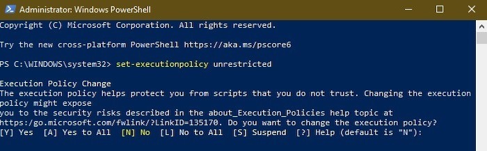 Confirming PowerShell unrestricted access to hide Windows updates.