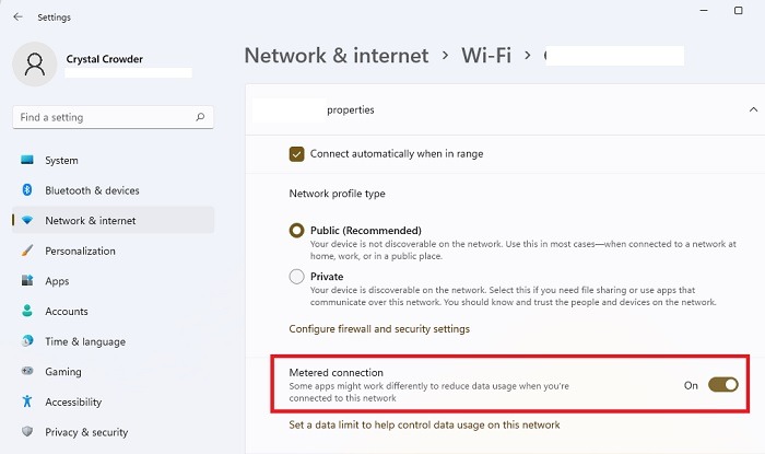 Turning on Metered connection in Windows.