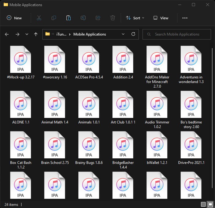 Collection of .IPA files on Windows PC.