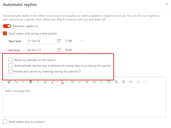 Out Of Office Message Outlook Settings Mail Automatic Replies On Dates Calendar