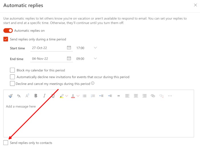 Out Of Office Message Outlook Settings Mail Automatic Replies On Dates Contacts Only