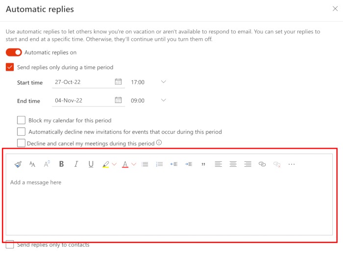Out Of Office Message Outlook Settings Mail Automatic Replies On Dates Text Box