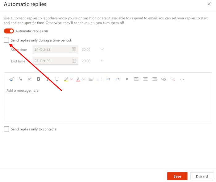Out Of Office Message Outlook Settings Mail Automatic Replies On