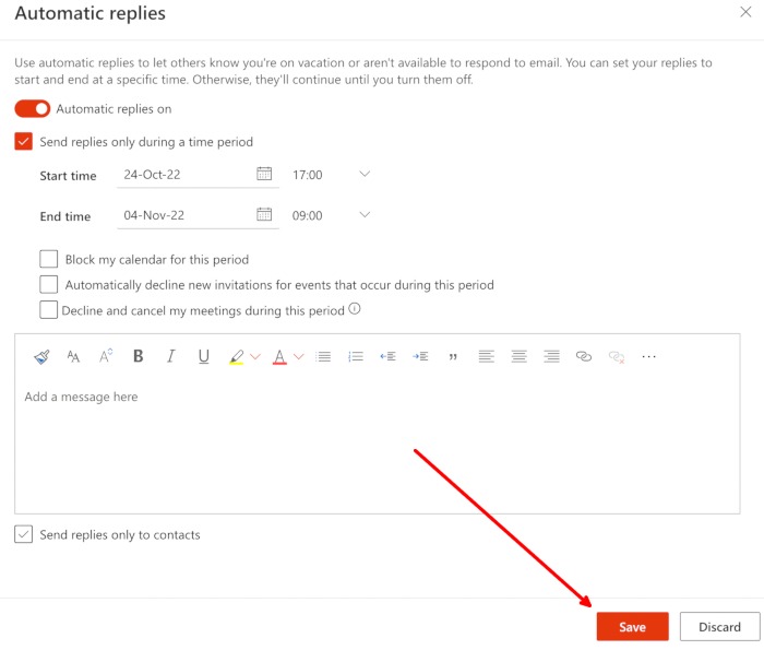 Out Of Office Message Outlook Settings Mail Automatic Replies Save