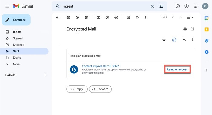 "Remove access" option for encrypted email in Gmail desktop app. 
