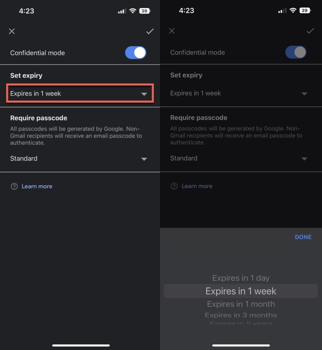 Setting email expiry date in Gmail app. 