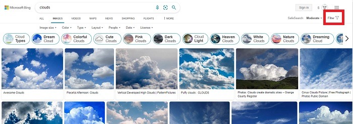 Using Bing Images to search for clouds.