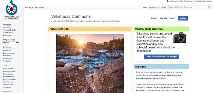 Wikimedia Commons main page with the picture of the day and photo challenge.