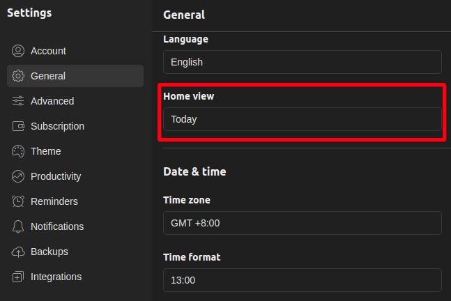 Todoist Settings General Home View