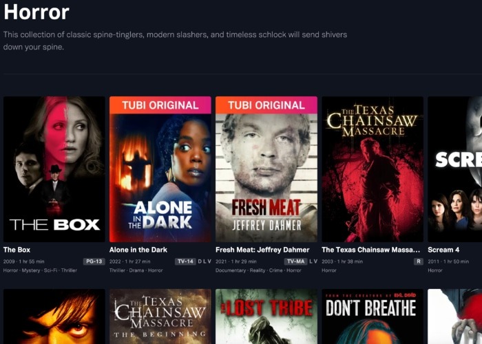 Tubi Horror Content List