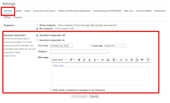Vacation Responder Gmail Settings General