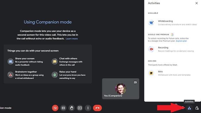 Clicking the Activities icon in Google Meet to view more things to do.