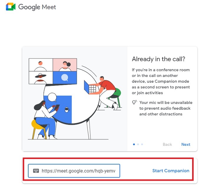 Joining Google Meet Companion Mode after you've already joined on your main screen.