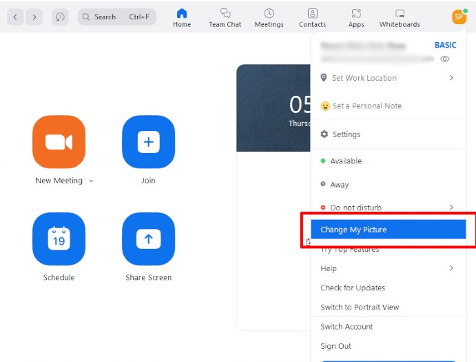 Zoom Profile Dropdown