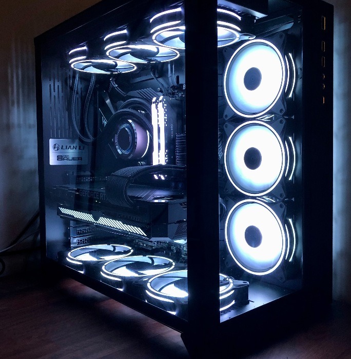 PC case with white lighting showing internal components