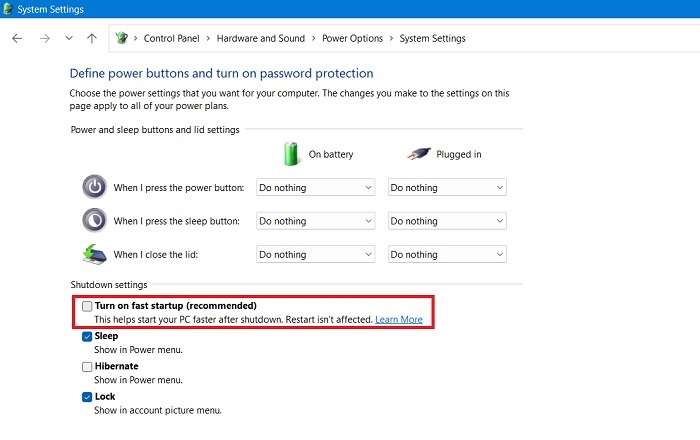 Common Windows Problems Solution Control Panel Turn On Fast Startup