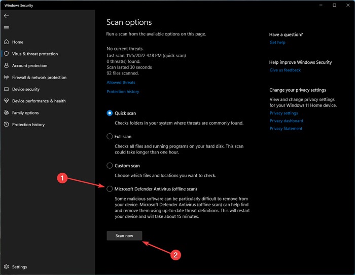File Explorer Errors Offline Scan Option