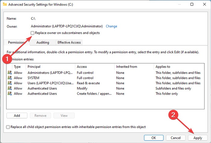File Explorer Errors Replace Owner On Subcontainers And Objects Option